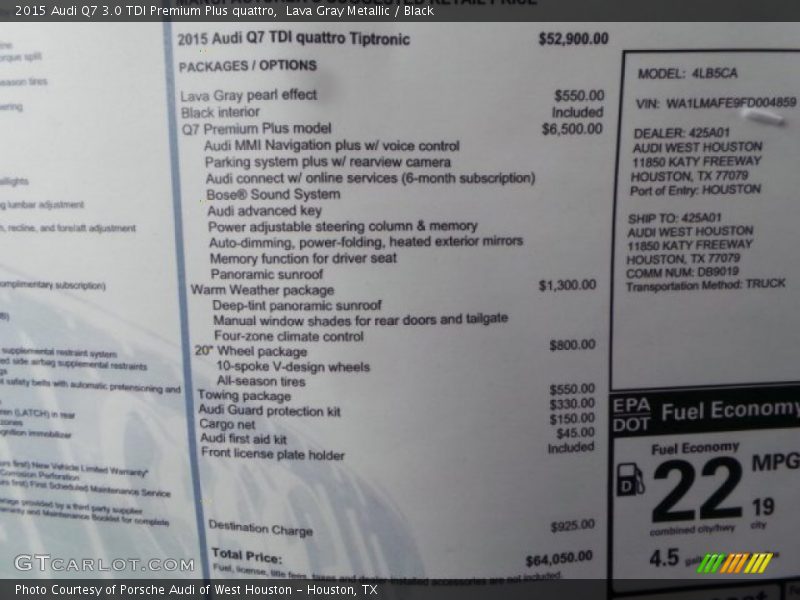  2015 Q7 3.0 TDI Premium Plus quattro Window Sticker