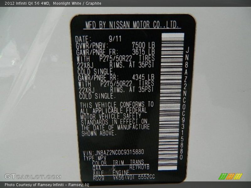 Moonlight White / Graphite 2012 Infiniti QX 56 4WD