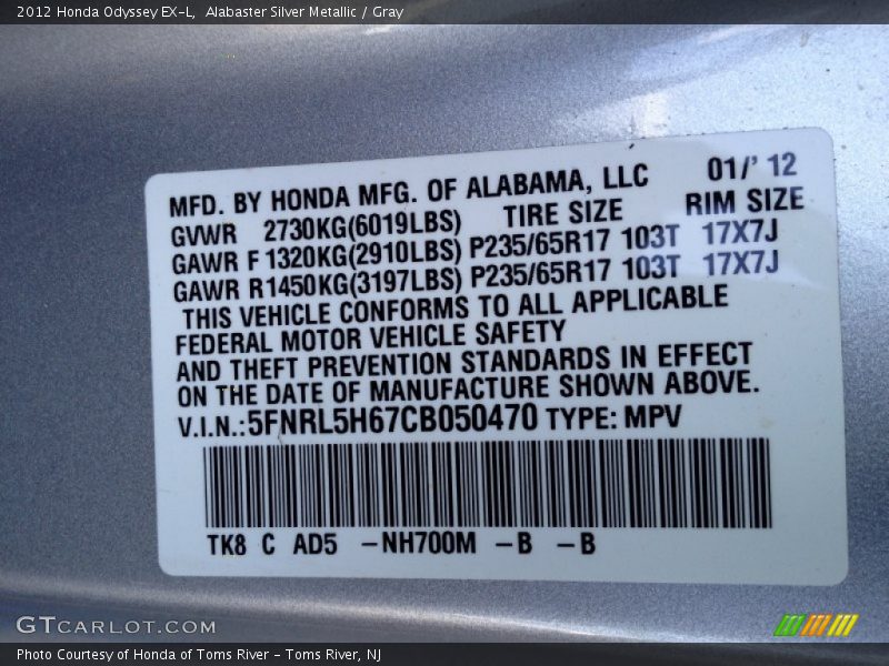 Alabaster Silver Metallic / Gray 2012 Honda Odyssey EX-L