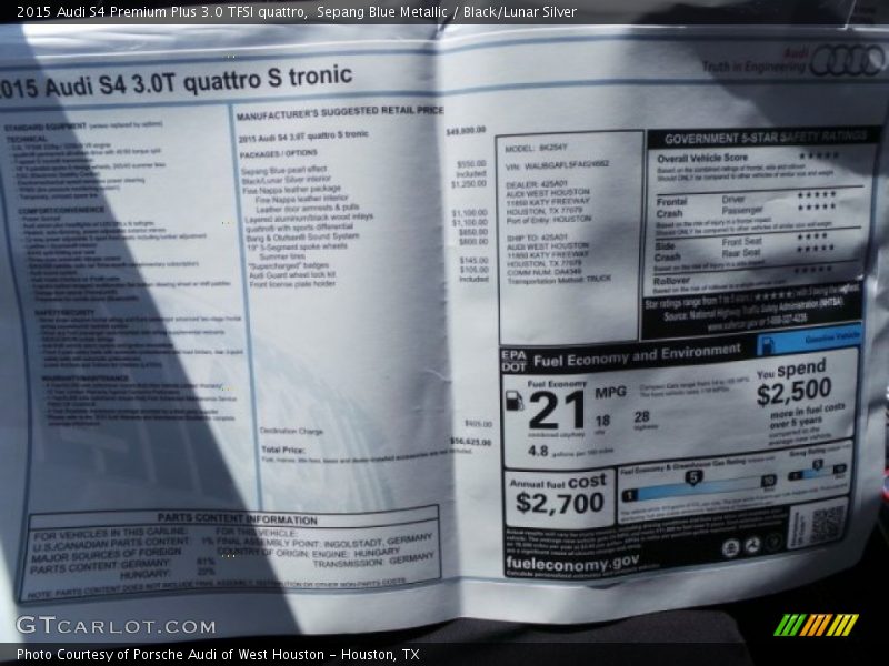 Sepang Blue Metallic / Black/Lunar Silver 2015 Audi S4 Premium Plus 3.0 TFSI quattro