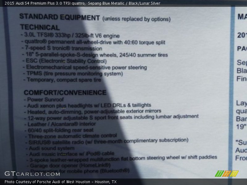 Sepang Blue Metallic / Black/Lunar Silver 2015 Audi S4 Premium Plus 3.0 TFSI quattro