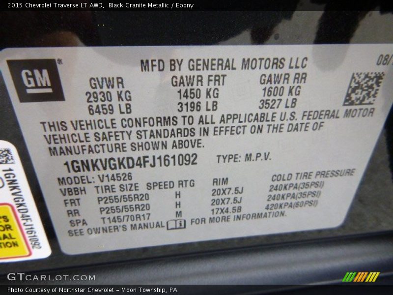 Black Granite Metallic / Ebony 2015 Chevrolet Traverse LT AWD