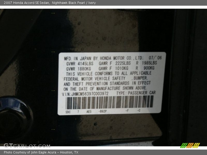 Nighthawk Black Pearl / Ivory 2007 Honda Accord SE Sedan