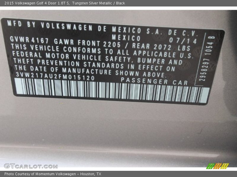Tungsten Silver Metallic / Black 2015 Volkswagen Golf 4 Door 1.8T S