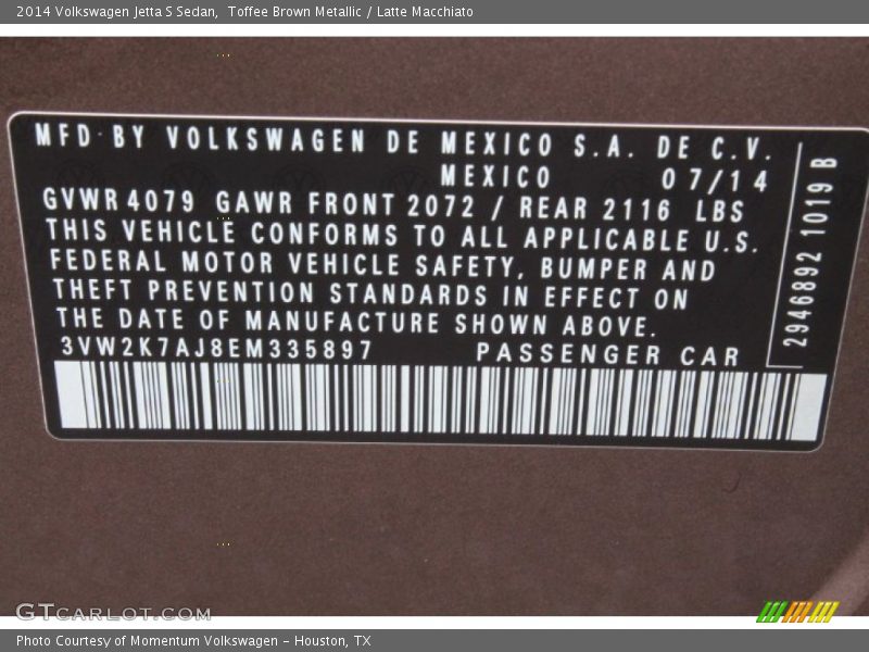 Toffee Brown Metallic / Latte Macchiato 2014 Volkswagen Jetta S Sedan