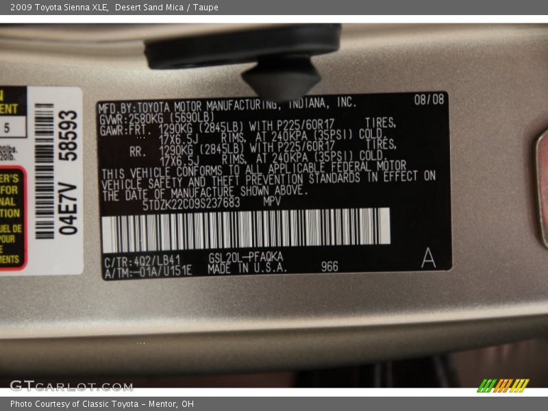 Desert Sand Mica / Taupe 2009 Toyota Sienna XLE