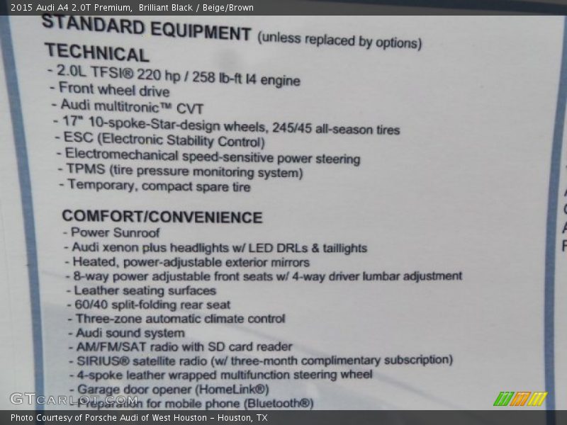 Brilliant Black / Beige/Brown 2015 Audi A4 2.0T Premium