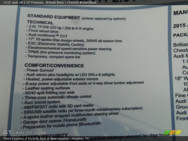 Brilliant Black / Chestnut Brown/Black 2015 Audi A4 2.0T Premium