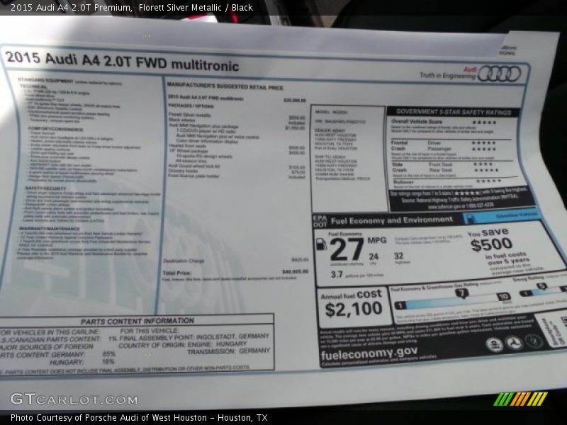  2015 A4 2.0T Premium Window Sticker