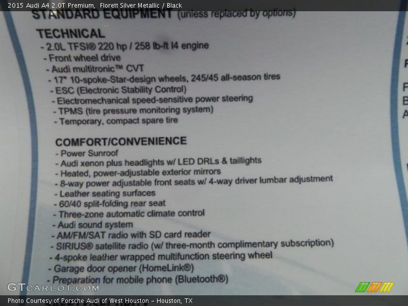  2015 A4 2.0T Premium Window Sticker