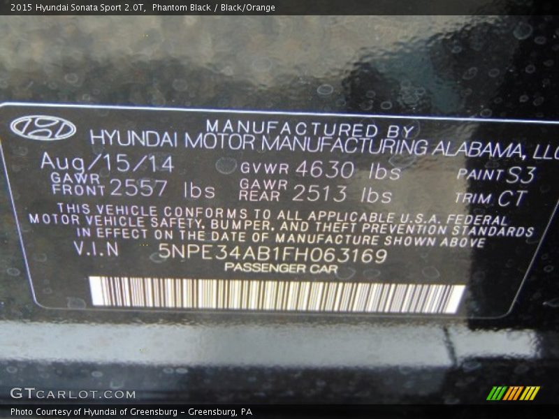 2015 Sonata Sport 2.0T Phantom Black Color Code S3