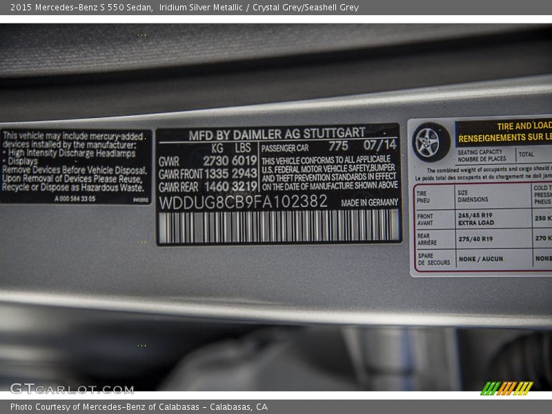 Iridium Silver Metallic / Crystal Grey/Seashell Grey 2015 Mercedes-Benz S 550 Sedan