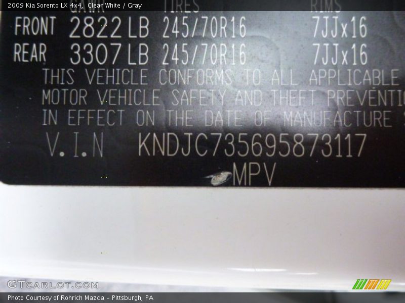 Clear White / Gray 2009 Kia Sorento LX 4x4