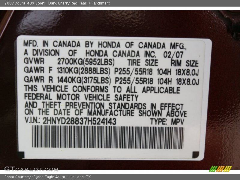 Dark Cherry Red Pearl / Parchment 2007 Acura MDX Sport