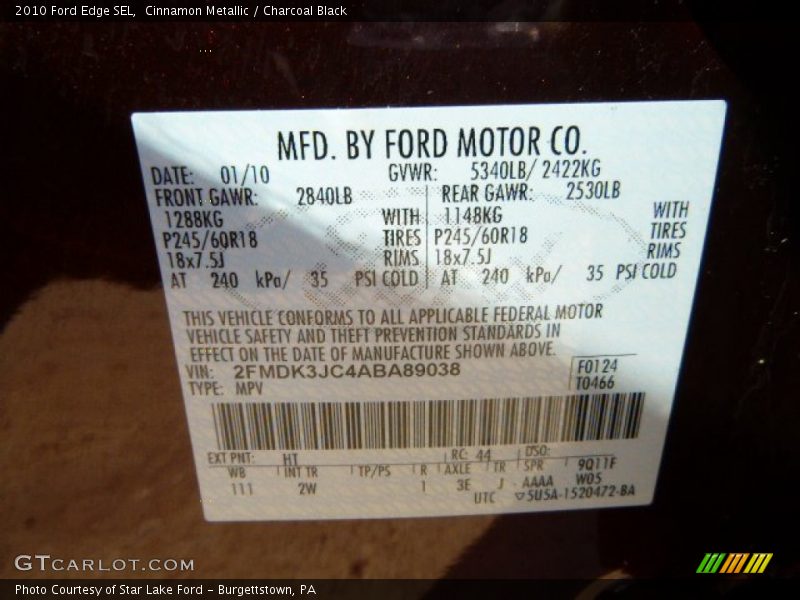 Cinnamon Metallic / Charcoal Black 2010 Ford Edge SEL