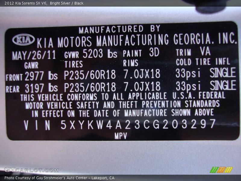 Bright Silver / Black 2012 Kia Sorento SX V6