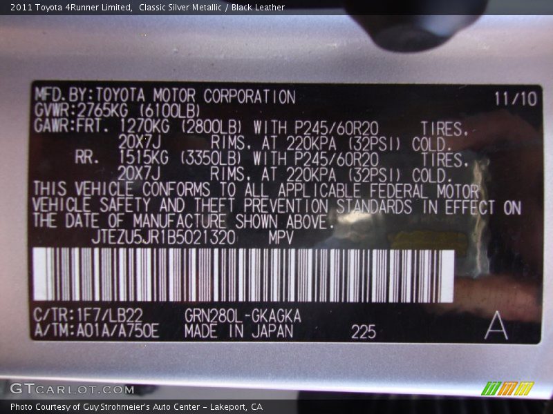 Classic Silver Metallic / Black Leather 2011 Toyota 4Runner Limited