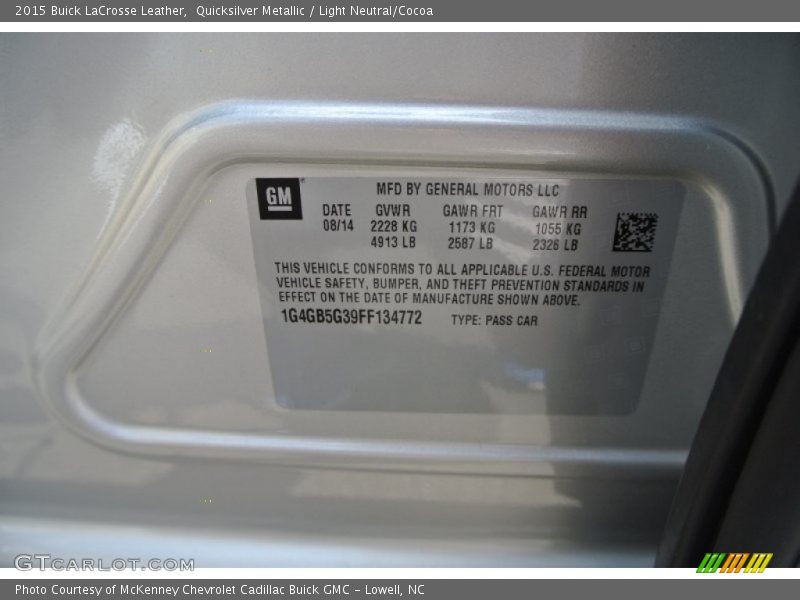 Quicksilver Metallic / Light Neutral/Cocoa 2015 Buick LaCrosse Leather