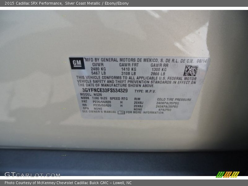 Silver Coast Metallic / Ebony/Ebony 2015 Cadillac SRX Performance