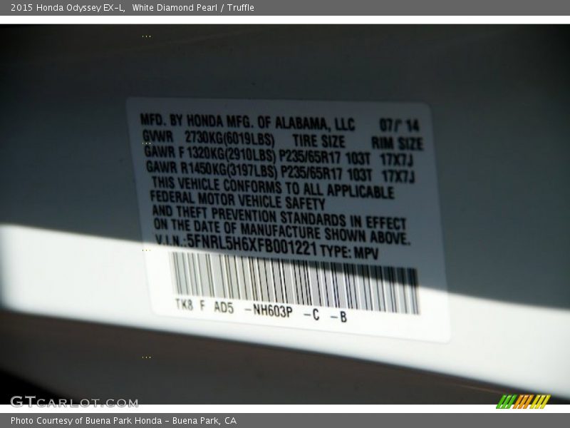 White Diamond Pearl / Truffle 2015 Honda Odyssey EX-L