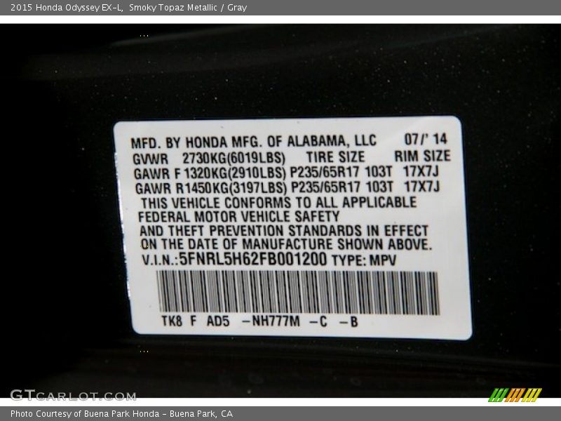 Smoky Topaz Metallic / Gray 2015 Honda Odyssey EX-L