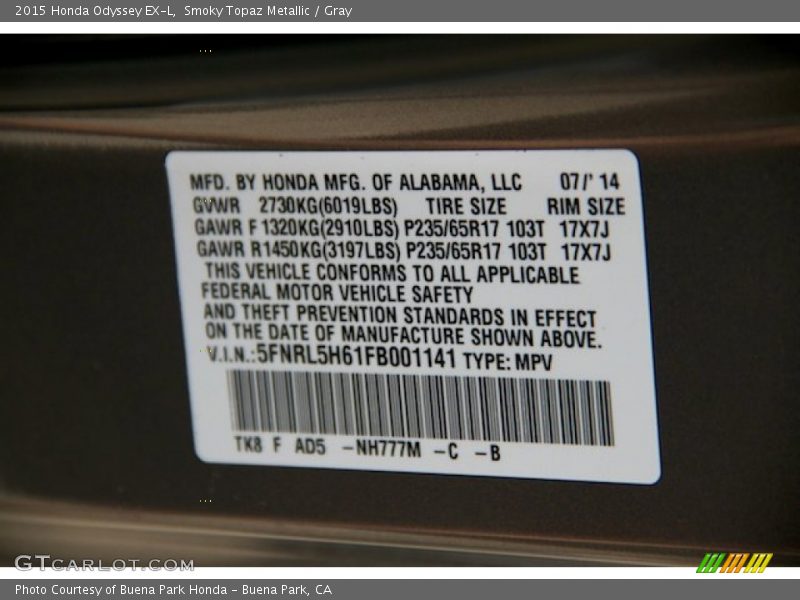 2015 Odyssey EX-L Smoky Topaz Metallic Color Code NH777M