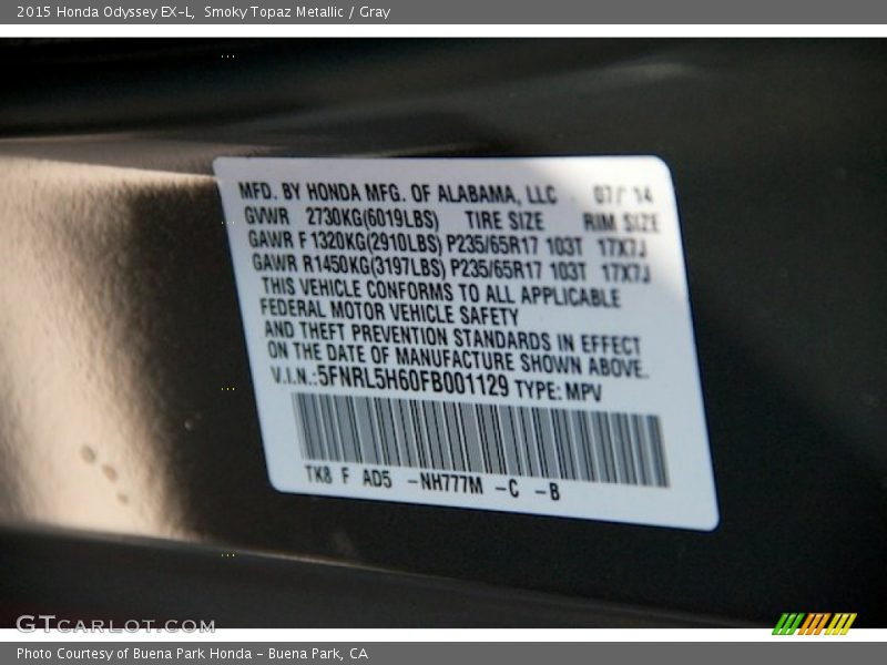 Smoky Topaz Metallic / Gray 2015 Honda Odyssey EX-L