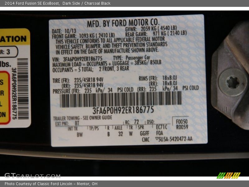 Dark Side / Charcoal Black 2014 Ford Fusion SE EcoBoost
