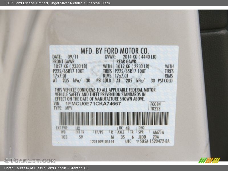 Ingot Silver Metallic / Charcoal Black 2012 Ford Escape Limited