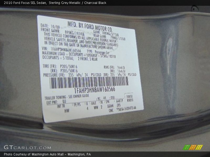 Sterling Grey Metallic / Charcoal Black 2010 Ford Focus SEL Sedan