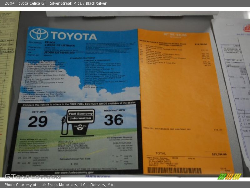 Info Tag of 2004 Celica GT