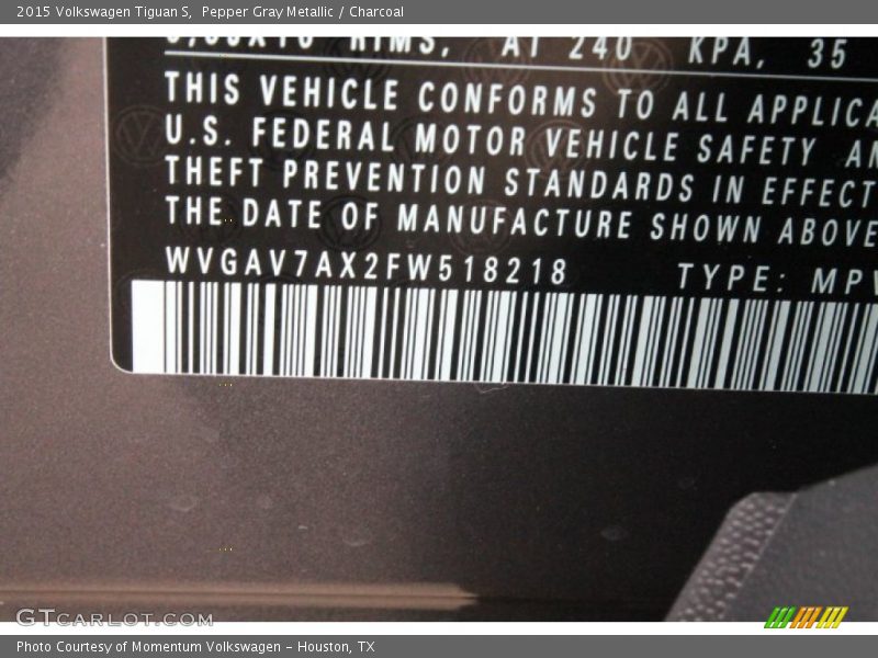 Pepper Gray Metallic / Charcoal 2015 Volkswagen Tiguan S
