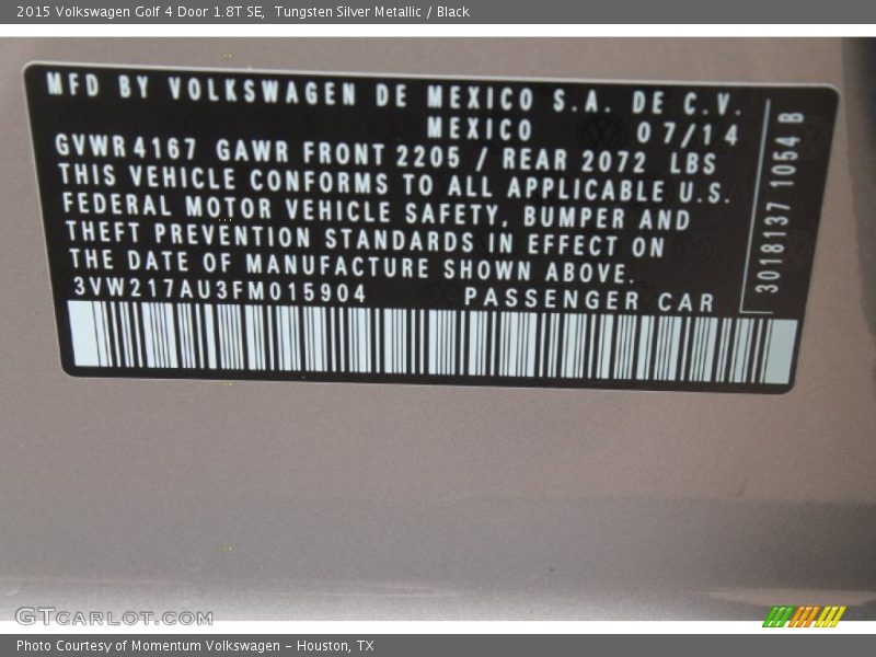 Tungsten Silver Metallic / Black 2015 Volkswagen Golf 4 Door 1.8T SE
