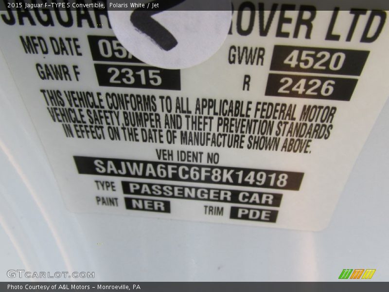Polaris White / Jet 2015 Jaguar F-TYPE S Convertible