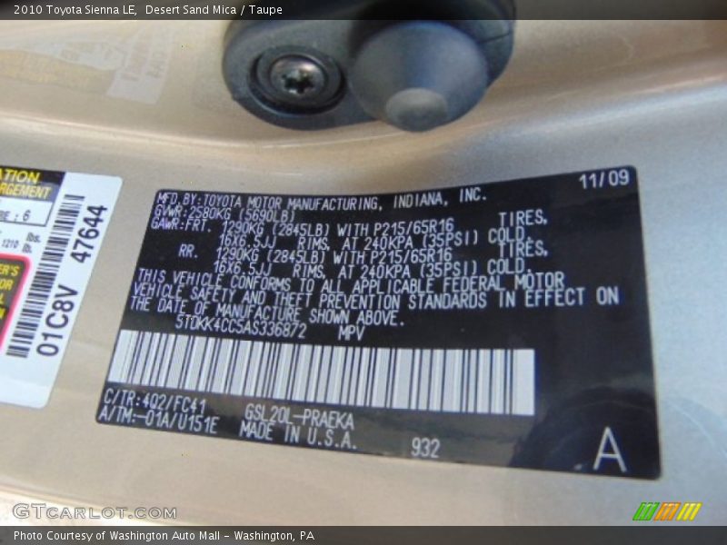 Desert Sand Mica / Taupe 2010 Toyota Sienna LE