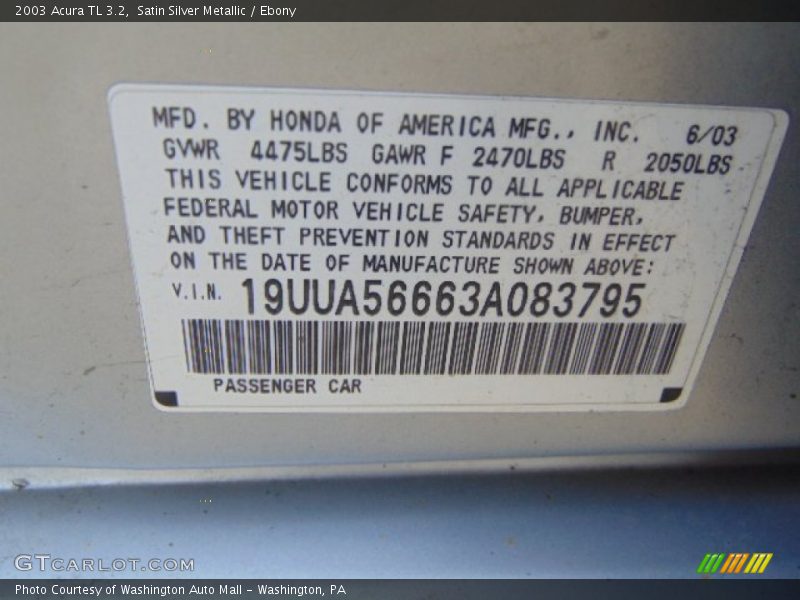 Satin Silver Metallic / Ebony 2003 Acura TL 3.2