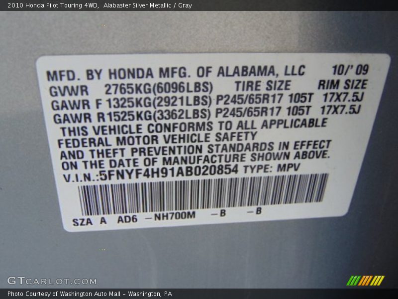 Alabaster Silver Metallic / Gray 2010 Honda Pilot Touring 4WD