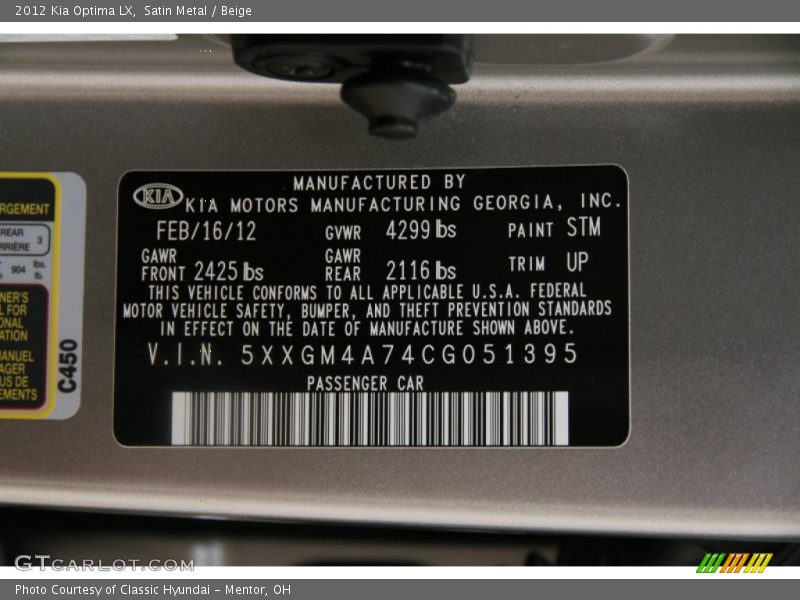 Satin Metal / Beige 2012 Kia Optima LX