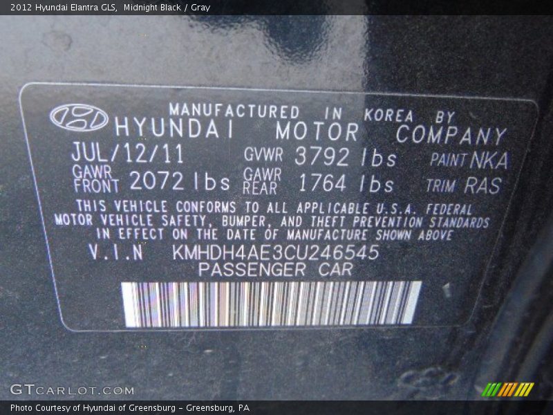 Midnight Black / Gray 2012 Hyundai Elantra GLS