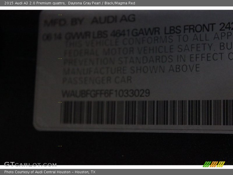Daytona Gray Pearl / Black/Magma Red 2015 Audi A3 2.0 Premium quattro