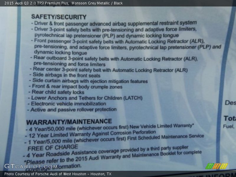  2015 Q3 2.0 TFSI Premium Plus Window Sticker