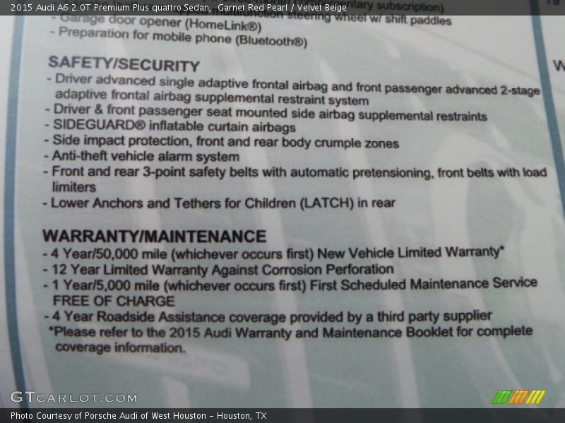 Garnet Red Pearl / Velvet Beige 2015 Audi A6 2.0T Premium Plus quattro Sedan