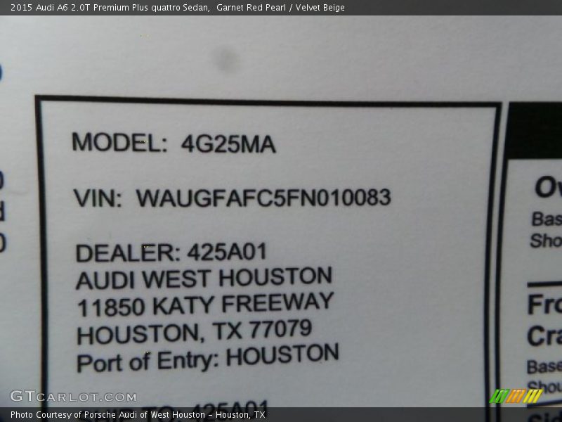 Garnet Red Pearl / Velvet Beige 2015 Audi A6 2.0T Premium Plus quattro Sedan