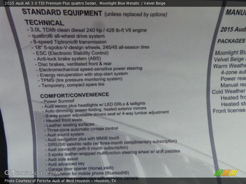 Moonlight Blue Metallic / Velvet Beige 2015 Audi A6 3.0 TDI Premium Plus quattro Sedan