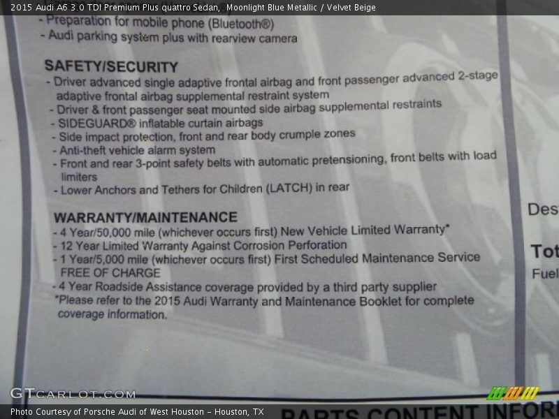 Moonlight Blue Metallic / Velvet Beige 2015 Audi A6 3.0 TDI Premium Plus quattro Sedan