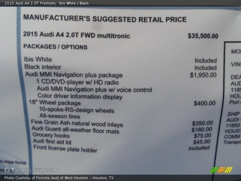 Ibis White / Black 2015 Audi A4 2.0T Premium