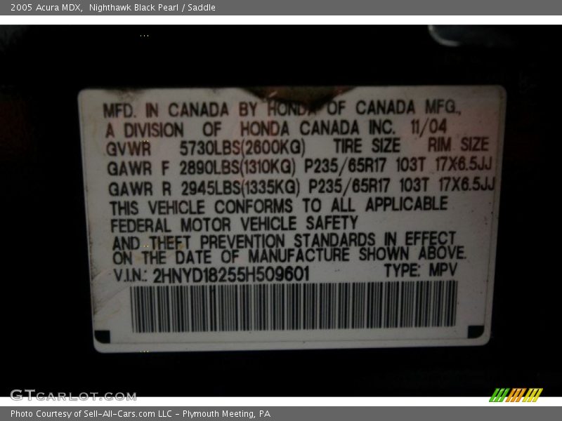 Nighthawk Black Pearl / Saddle 2005 Acura MDX