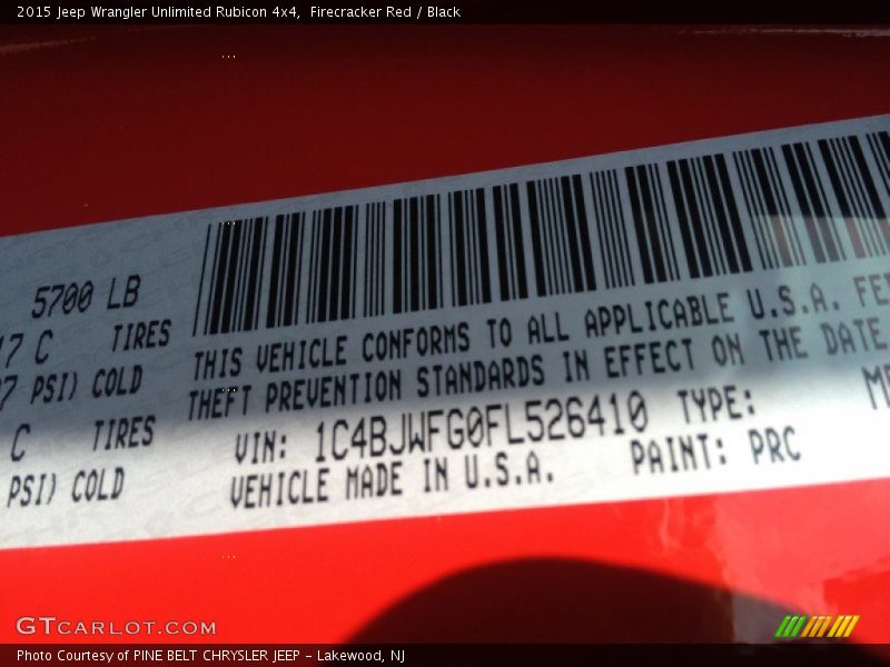 2015 Wrangler Unlimited Rubicon 4x4 Firecracker Red Color Code PRC