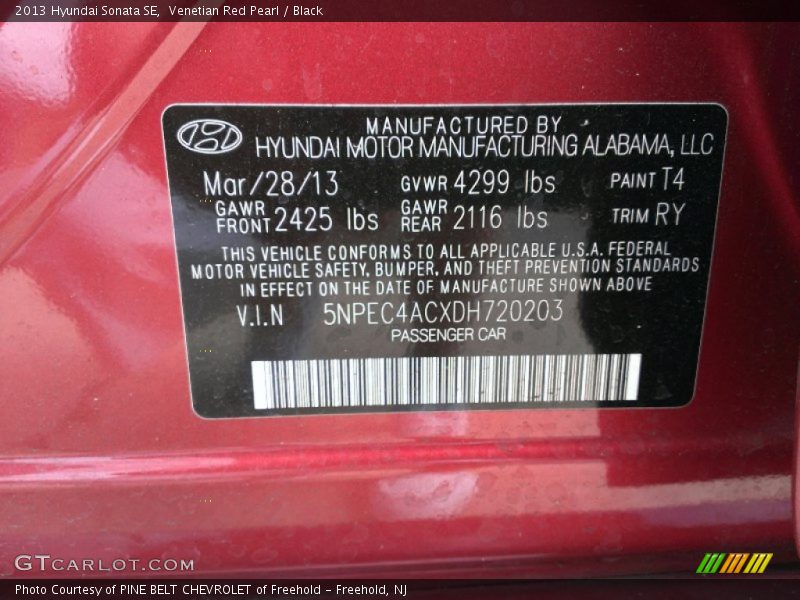 Venetian Red Pearl / Black 2013 Hyundai Sonata SE