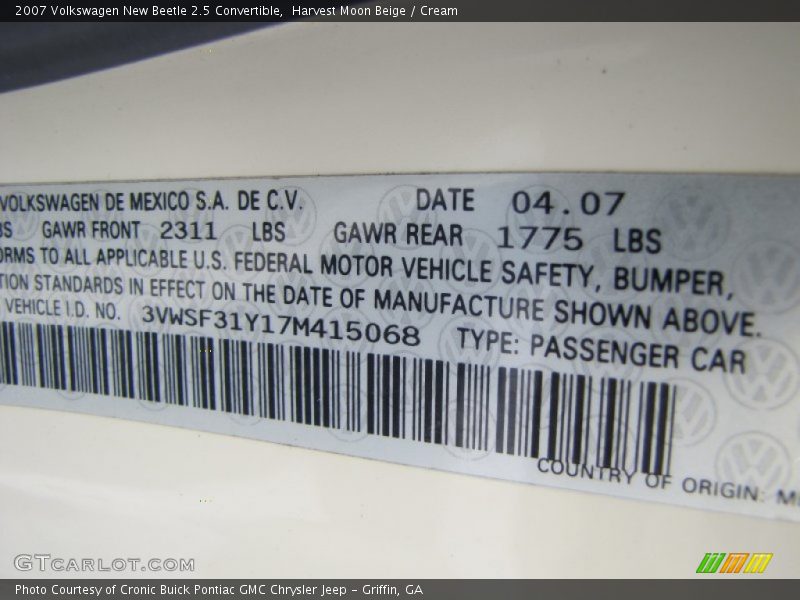 Harvest Moon Beige / Cream 2007 Volkswagen New Beetle 2.5 Convertible